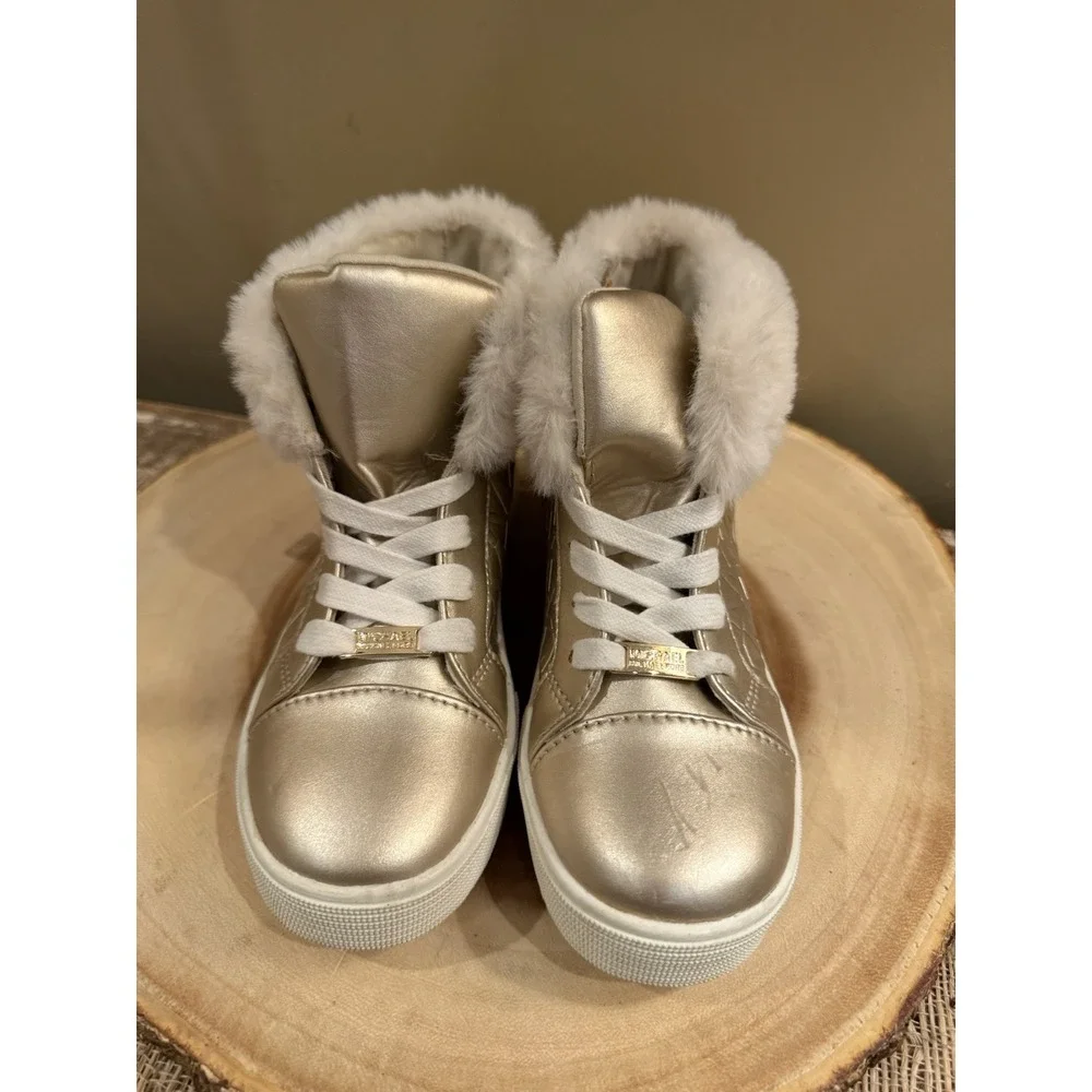 Michael Kors Poloma Fluff Sneaker Gold Boots Logo Monogram Fur Trim Girls‎ Sz-13